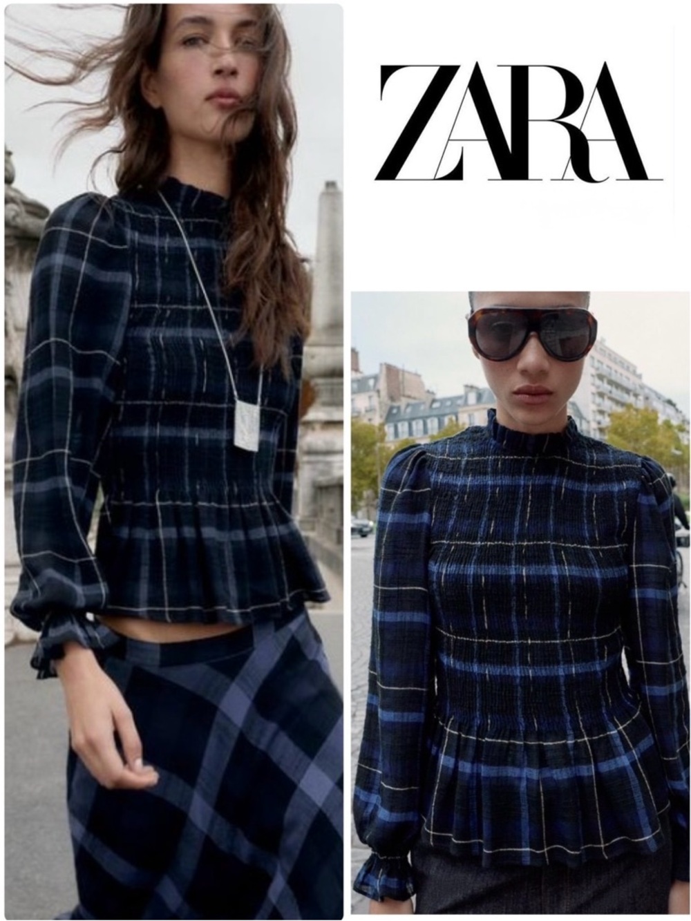 Zara Plaid Smocked Puff Sleeve Top – Navy/Black Metallic – Size S